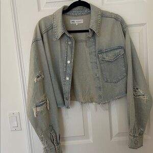 Zara Women's Cropped Distressed Jean Jacket - Light Blue Denim